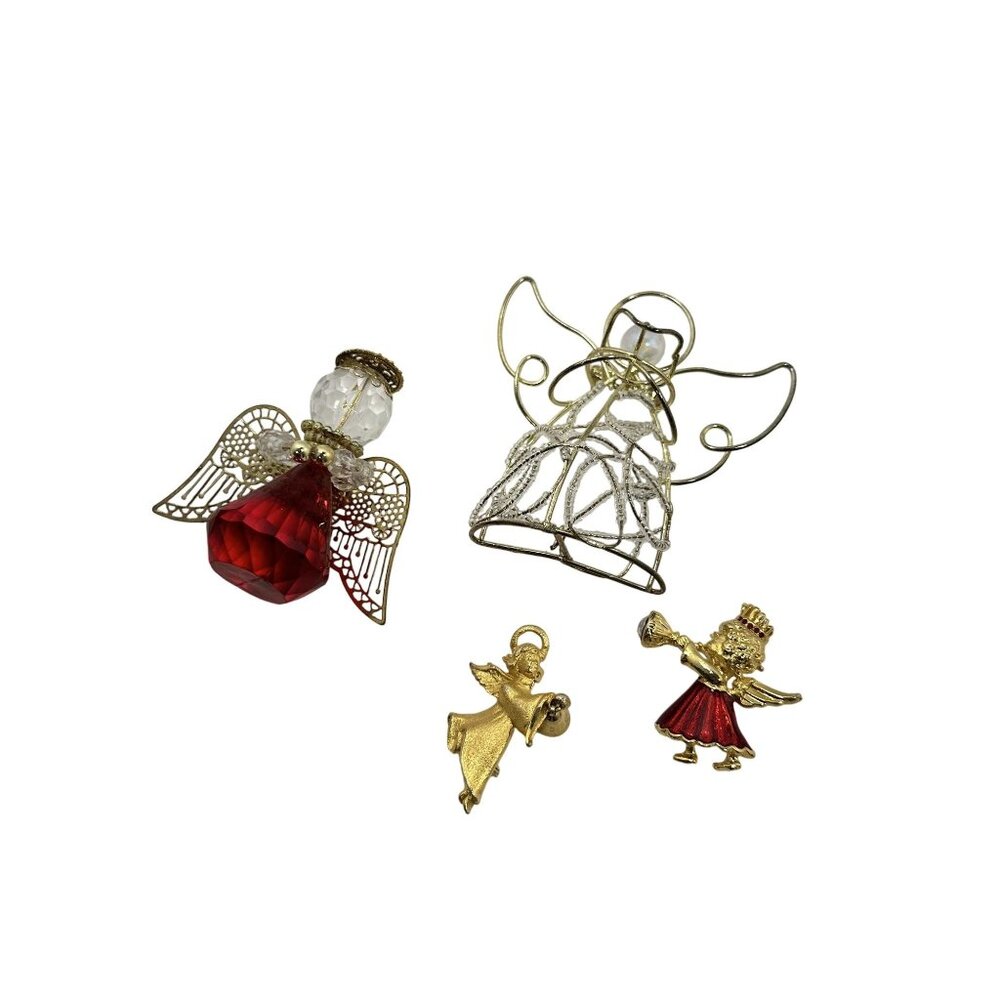 Vtg Angel Christmas Pins Brooches Gold Wire Red Crystal Accents Holiday Jewelry